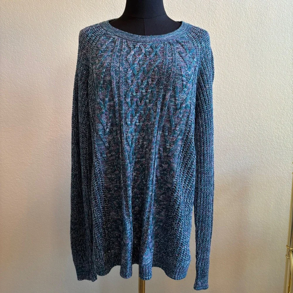 Faded Glory Womens SZ XXL (20) Cable Knit Sweater Antique Teal Blue Cotton Blend